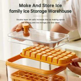 One-button Press Type Ice Mold Box Plastics Ice Cube Maker Ice Tray Mold With Storage Box With Lid Bar Kitchen Accessories (Color: Yellow)